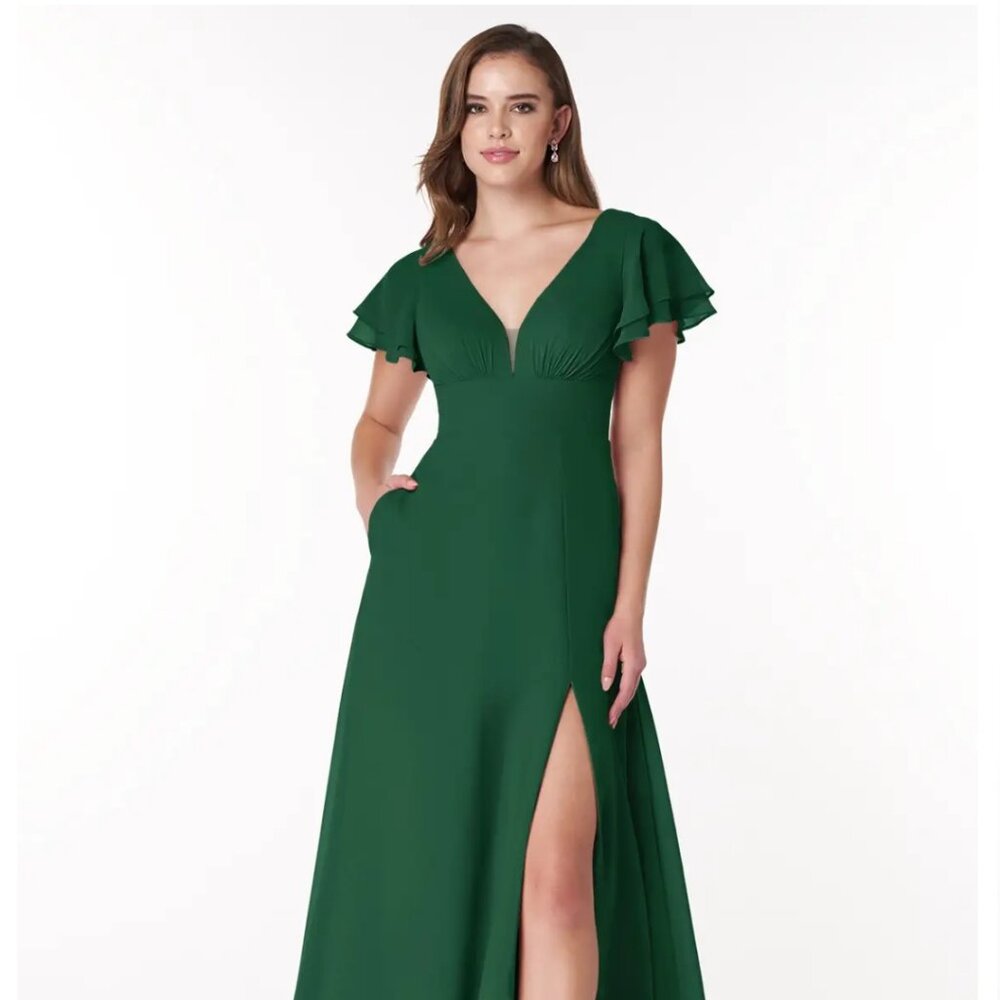 Azazie Ashika green dress size A8 with slit and pockets BNWT